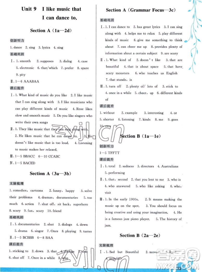 福建人民出版社2022秋頂尖課課練英語九年級一冊人教版答案
