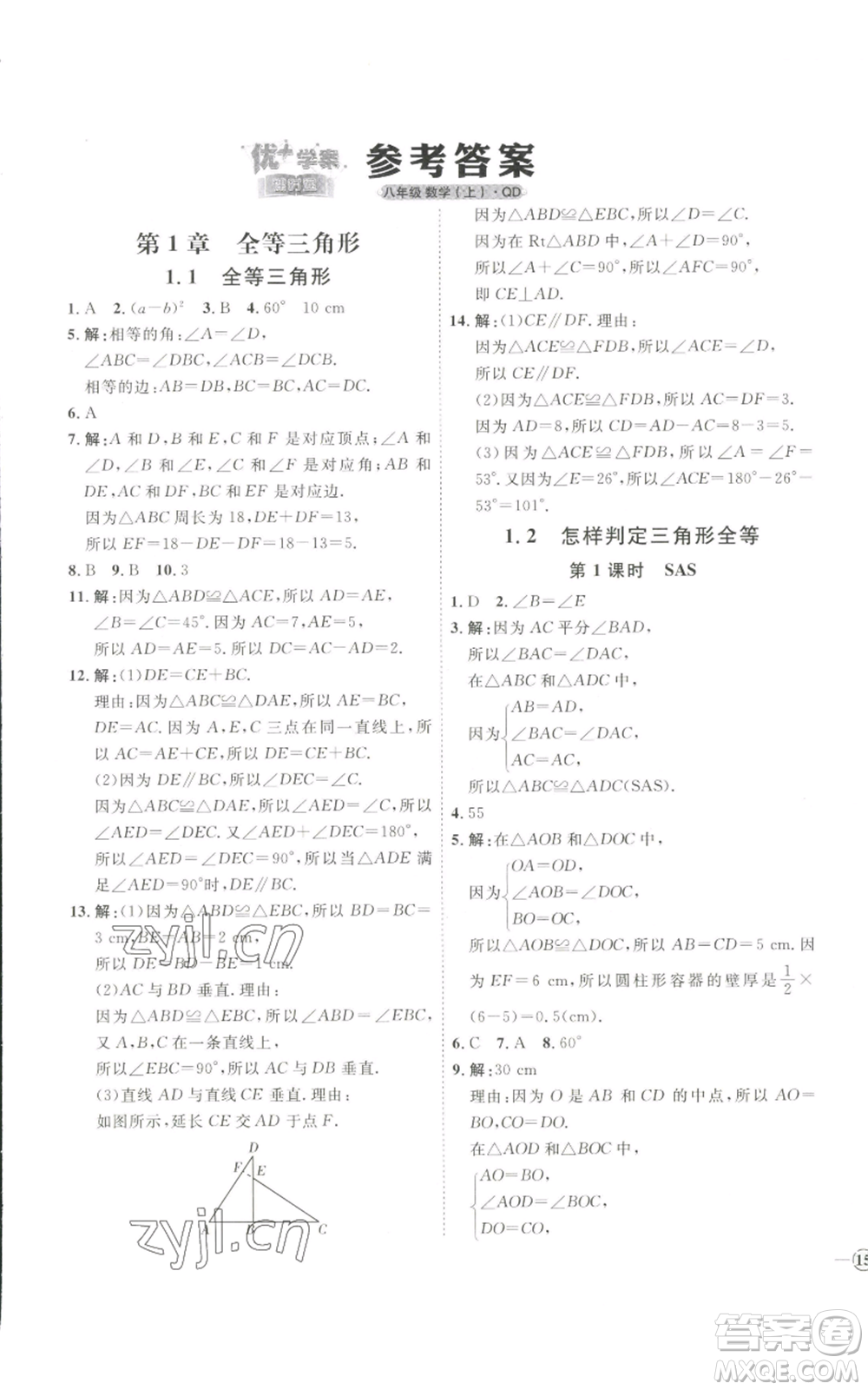 吉林教育出版社2022秋季優(yōu)+學(xué)案課時(shí)通八年級(jí)上冊(cè)數(shù)學(xué)青島版參考答案
