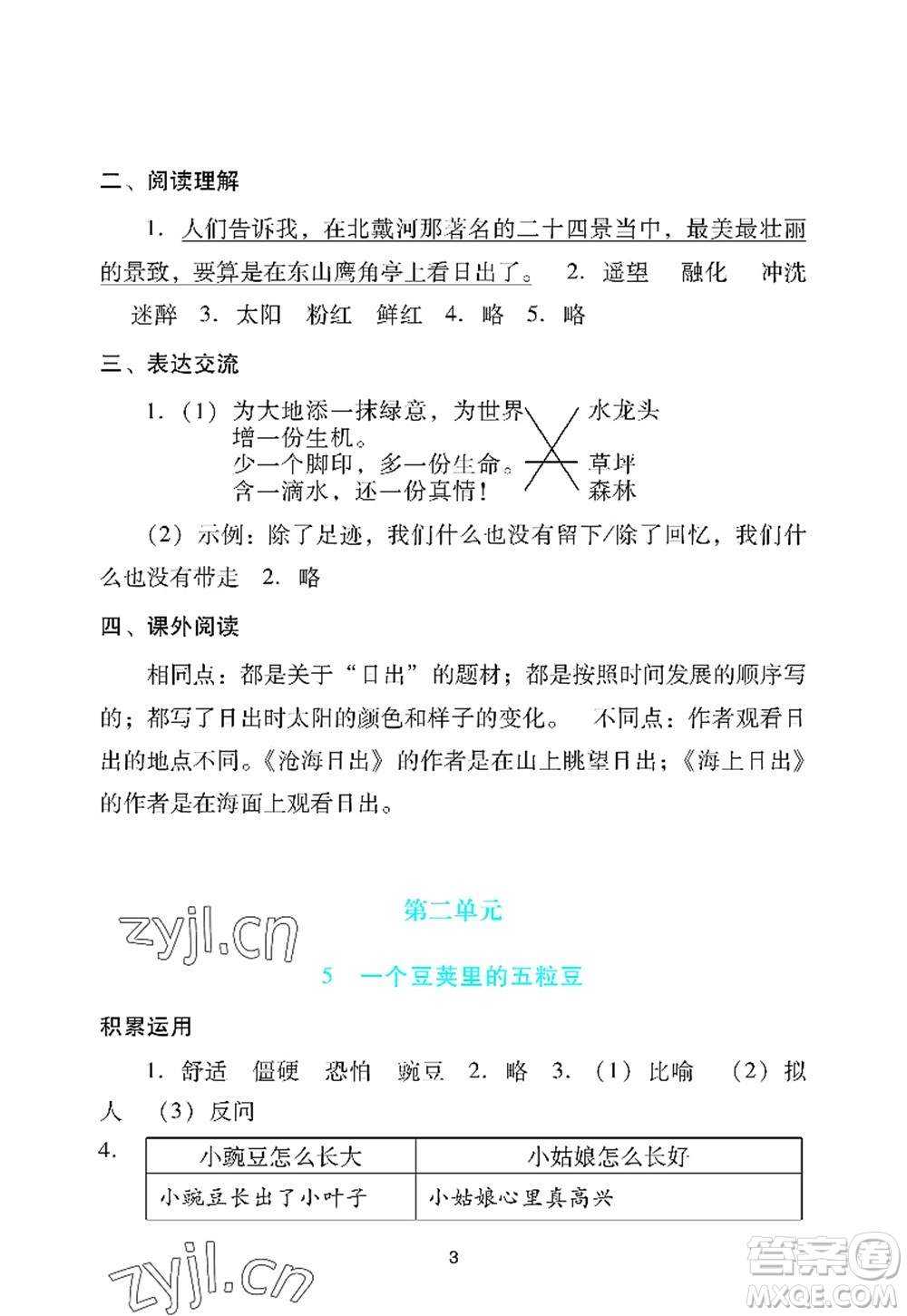 廣州出版社2022陽光學(xué)業(yè)評價(jià)四年級語文上冊人教版答案