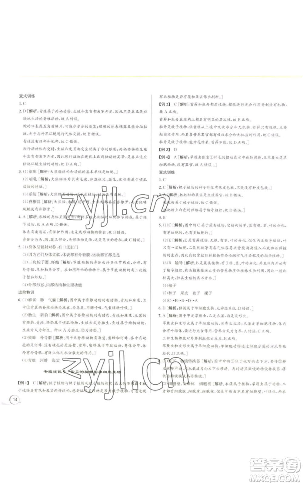 浙江人民出版社2022秋季優(yōu)+攻略七年級上冊科學(xué)浙教版參考答案