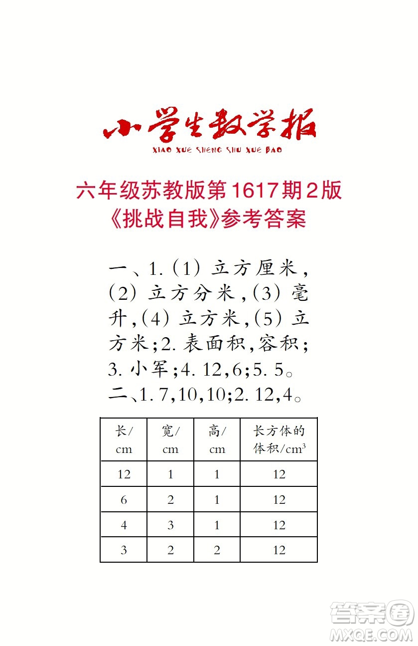 2022秋小學(xué)生數(shù)學(xué)報(bào)六年級(jí)第1617期答案