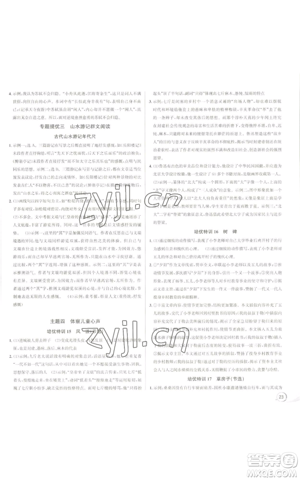 浙江人民出版社2022秋季優(yōu)+攻略大閱讀九年級(jí)語(yǔ)文人教版參考答案