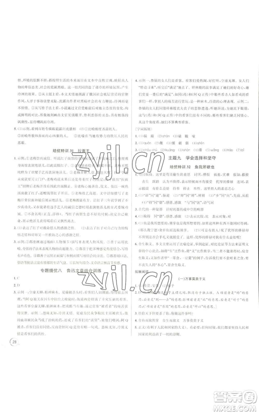 浙江人民出版社2022秋季優(yōu)+攻略大閱讀九年級(jí)語(yǔ)文人教版參考答案