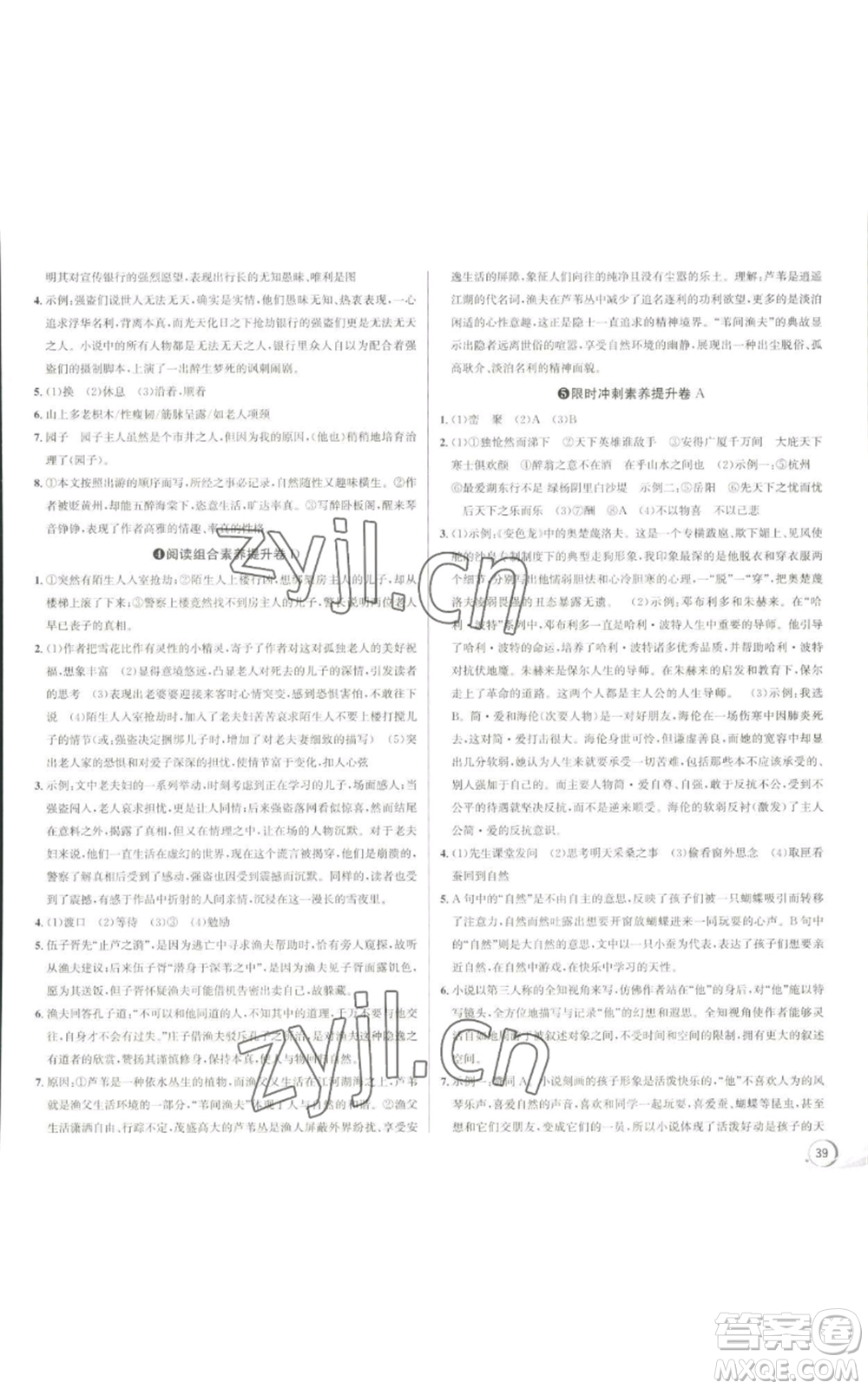 浙江人民出版社2022秋季優(yōu)+攻略大閱讀九年級(jí)語(yǔ)文人教版參考答案