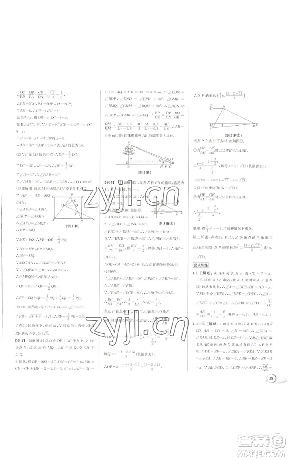 浙江人民出版社2022秋季優(yōu)+攻略九年級數(shù)學浙教版參考答案