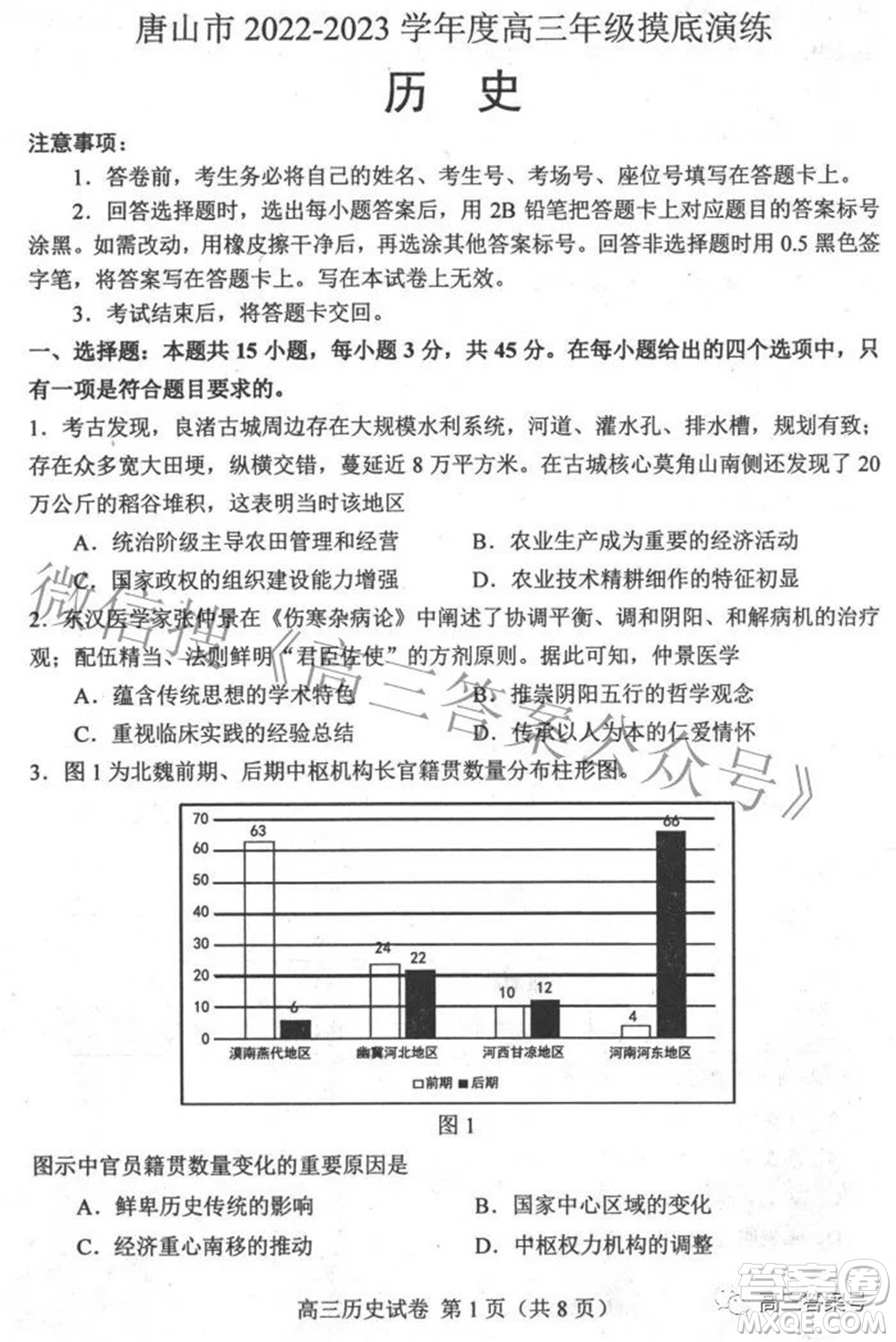 唐山市2022-2023學(xué)年度高三年級(jí)摸底演練歷史試題及答案