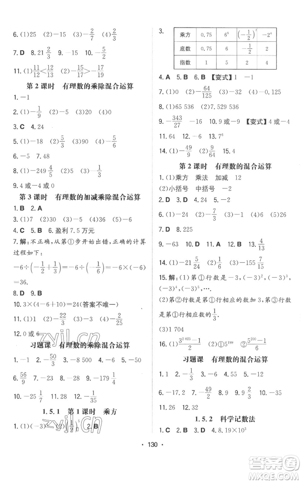 湖南教育出版社2022一本同步訓(xùn)練七年級(jí)上冊(cè)數(shù)學(xué)人教版參考答案
