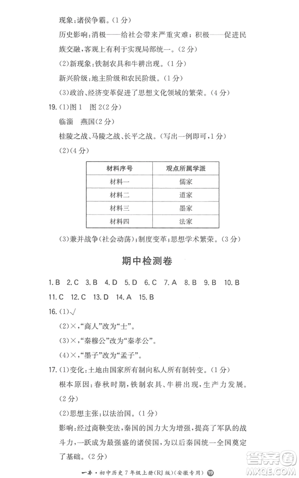 湖南教育出版社2022一本同步訓(xùn)練七年級上冊歷史人教版安徽專版參考答案