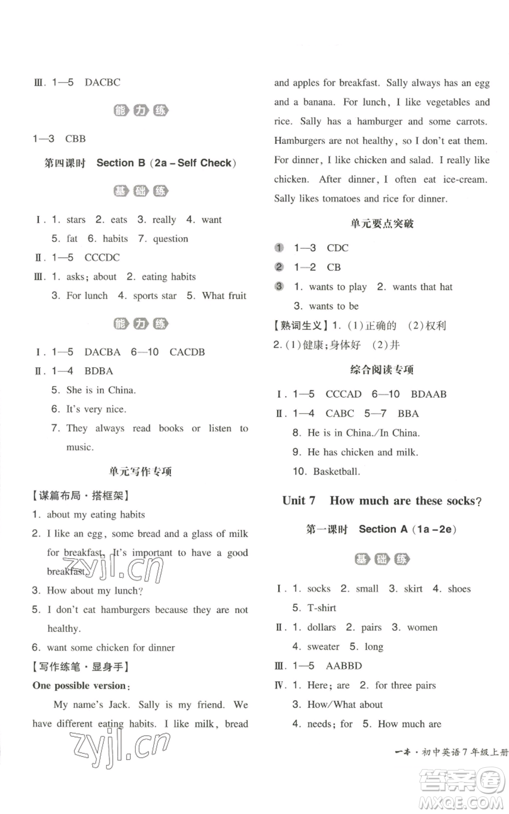 湖南教育出版社2022一本同步訓(xùn)練七年級(jí)上冊(cè)英語(yǔ)人教版安徽專版參考答案