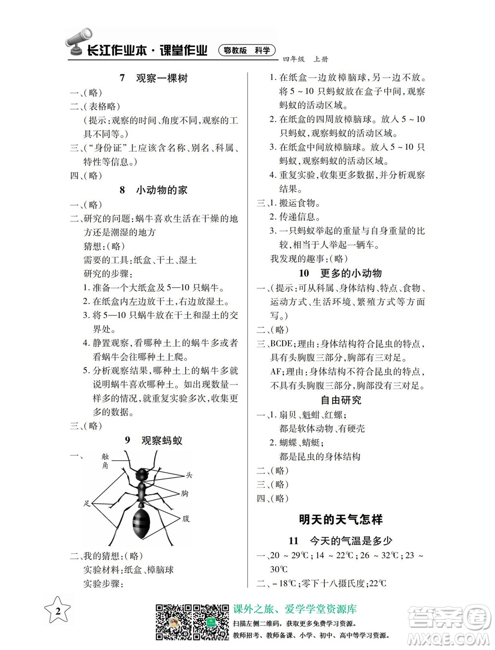 湖北教育出版社2022秋長江作業(yè)本課堂作業(yè)科學(xué)四年級(jí)上冊(cè)人教鄂教版答案
