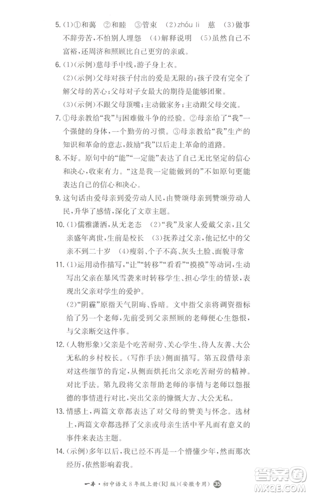 湖南教育出版社2022一本同步訓練八年級上冊語文人教版安徽專版參考答案