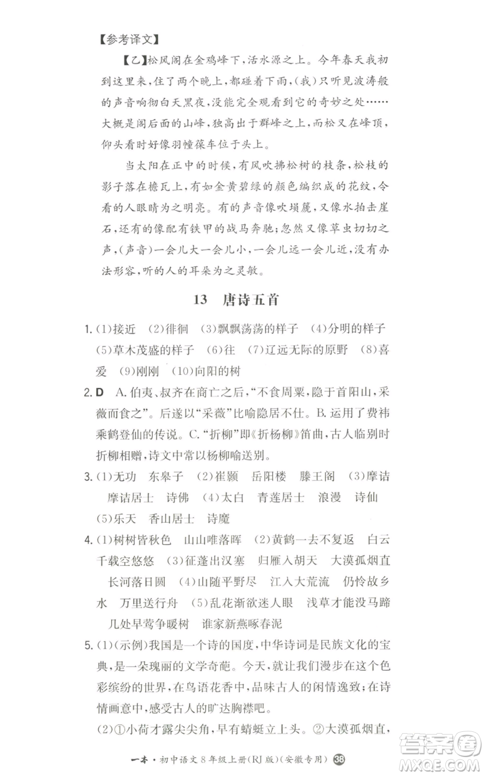 湖南教育出版社2022一本同步訓練八年級上冊語文人教版安徽專版參考答案