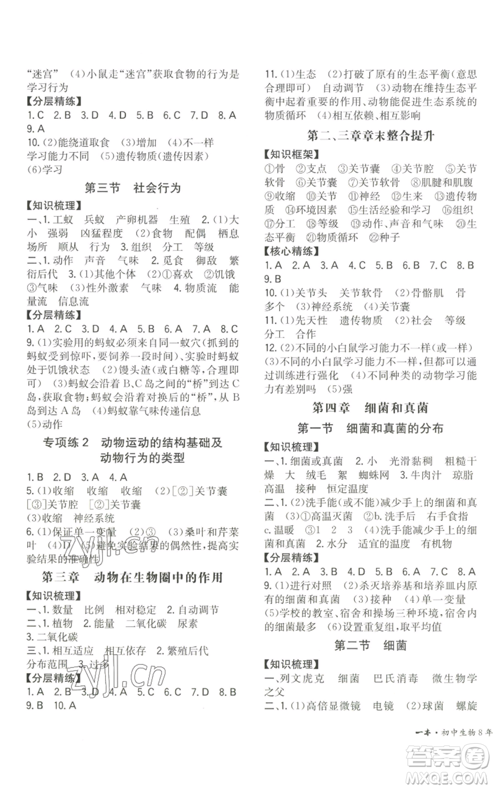 湖南教育出版社2022一本同步訓(xùn)練八年級上冊生物人教版參考答案