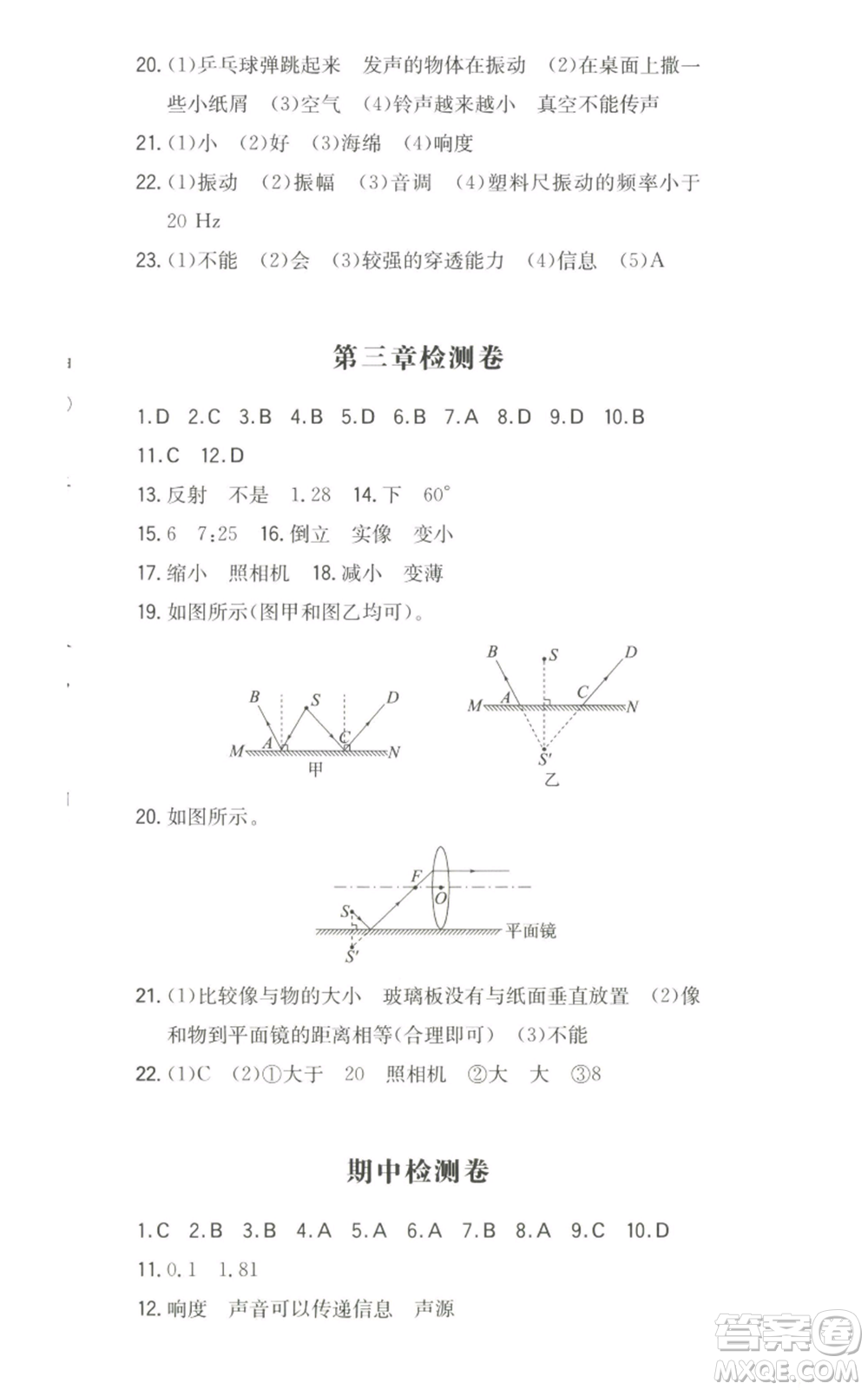 湖南教育出版社2022一本同步訓(xùn)練八年級上冊物理滬粵版參考答案