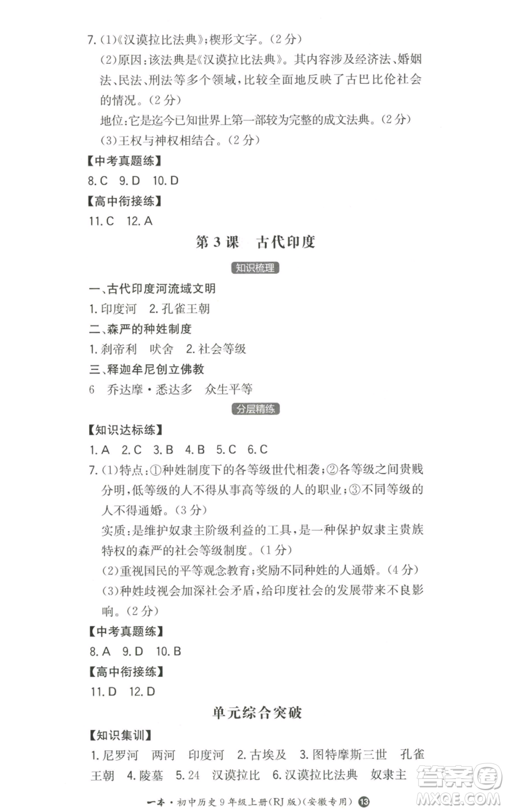 湖南教育出版社2022一本同步訓(xùn)練九年級(jí)上冊(cè)歷史人教版安徽專版參考答案