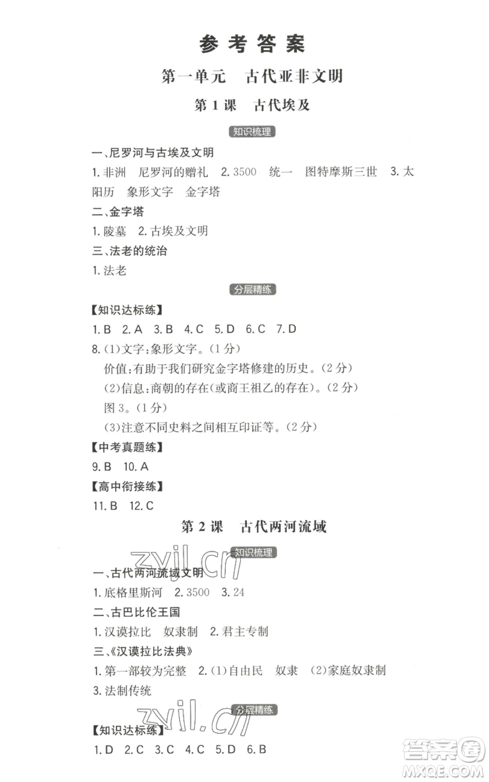 湖南教育出版社2022一本同步訓(xùn)練九年級(jí)上冊(cè)歷史人教版安徽專版參考答案