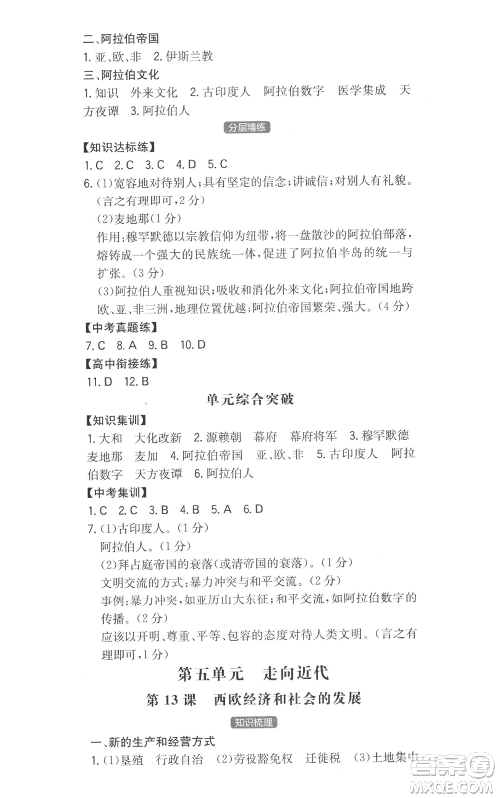 湖南教育出版社2022一本同步訓(xùn)練九年級(jí)上冊(cè)歷史人教版安徽專版參考答案