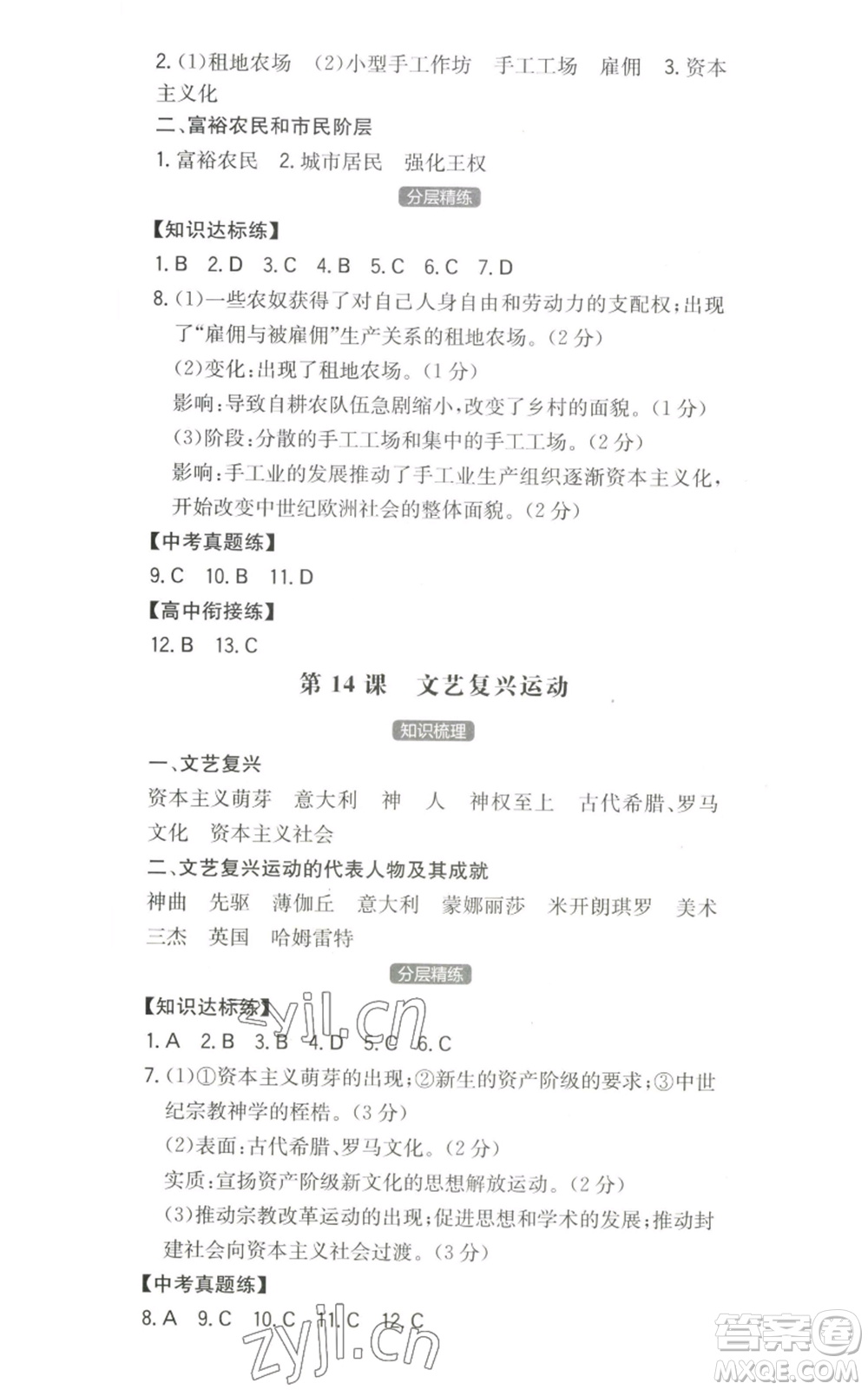 湖南教育出版社2022一本同步訓(xùn)練九年級(jí)上冊(cè)歷史人教版安徽專版參考答案