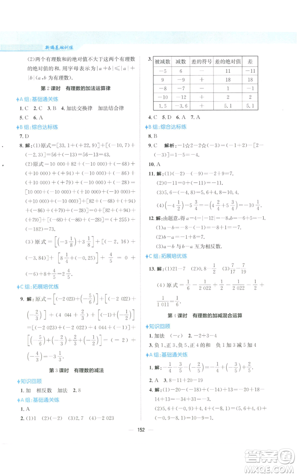 安徽教育出版社2022新編基礎(chǔ)訓(xùn)練七年級(jí)上冊(cè)數(shù)學(xué)人教版參考答案