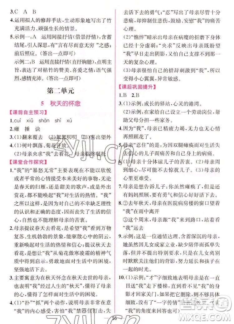 人民教育出版社2022秋同步學歷案課時練語文七年級上冊人教版答案