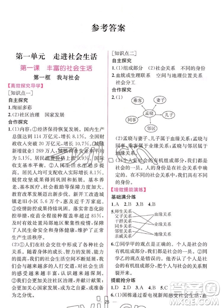 人民教育出版社2022秋同步學(xué)歷案課時練道德與法治八年級上冊人教版答案