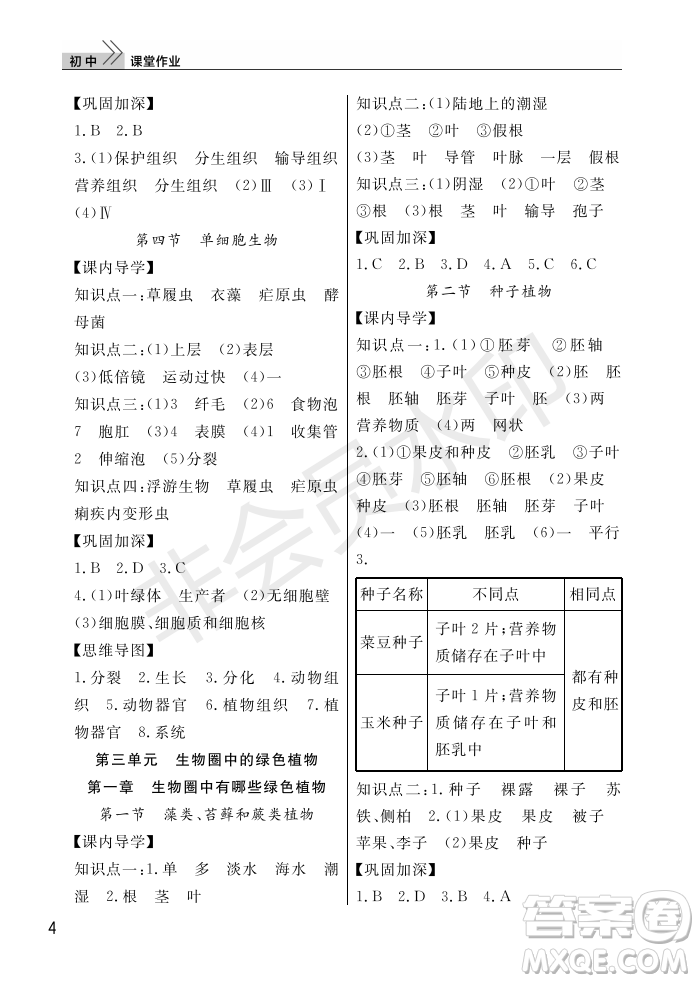 武漢出版社2022智慧學(xué)習(xí)天天向上課堂作業(yè)七年級生物上冊人教版答案