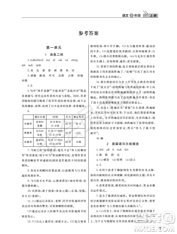 武漢出版社2022智慧學(xué)習(xí)天天向上課堂作業(yè)八年級(jí)語文上冊(cè)人教版答案