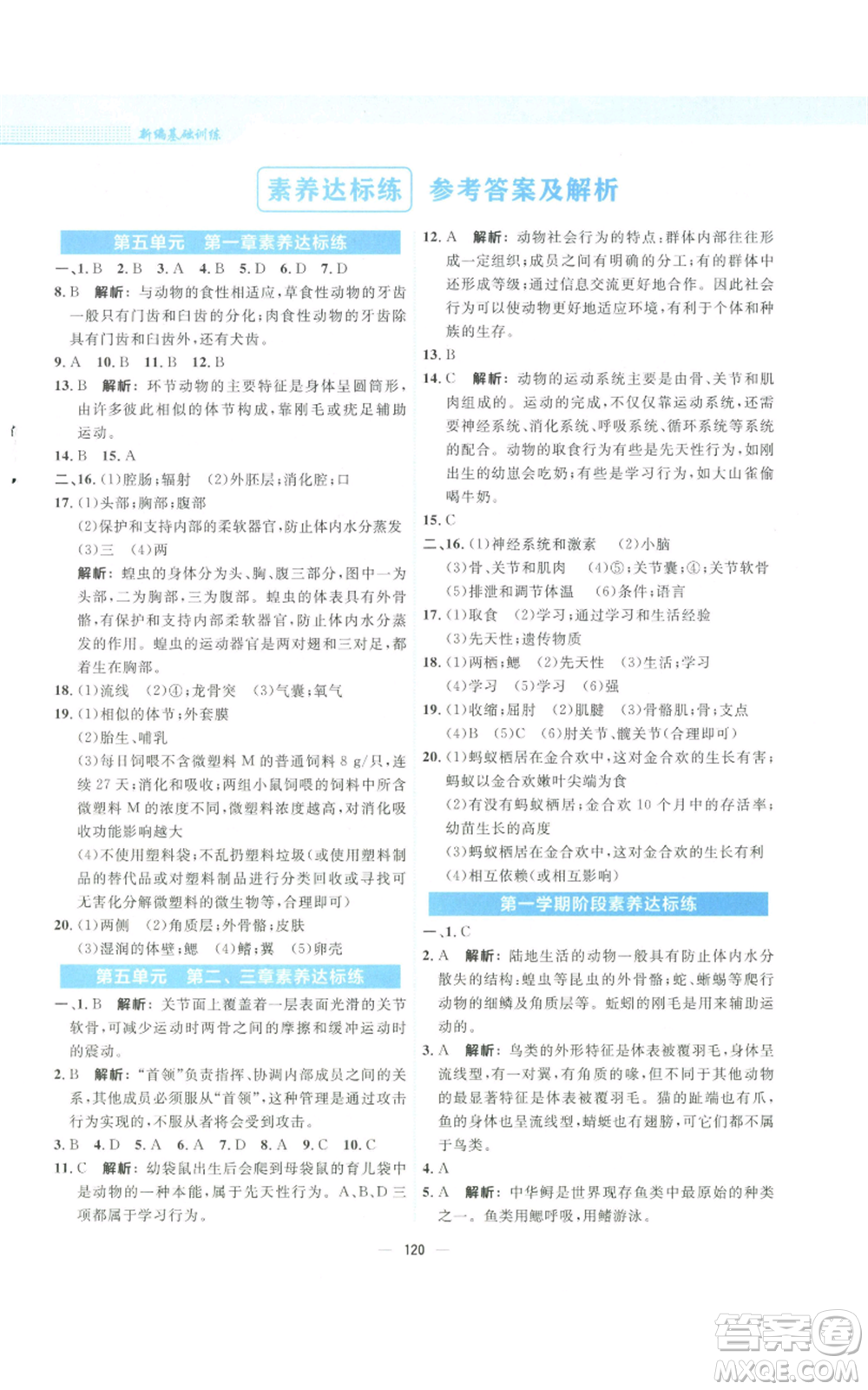 安徽教育出版社2022新編基礎(chǔ)訓(xùn)練八年級(jí)上冊(cè)生物學(xué)人教版參考答案