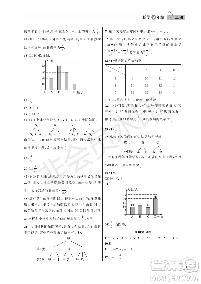 武漢出版社2022智慧學(xué)習(xí)天天向上課堂作業(yè)九年級(jí)數(shù)學(xué)上冊(cè)人教版答案