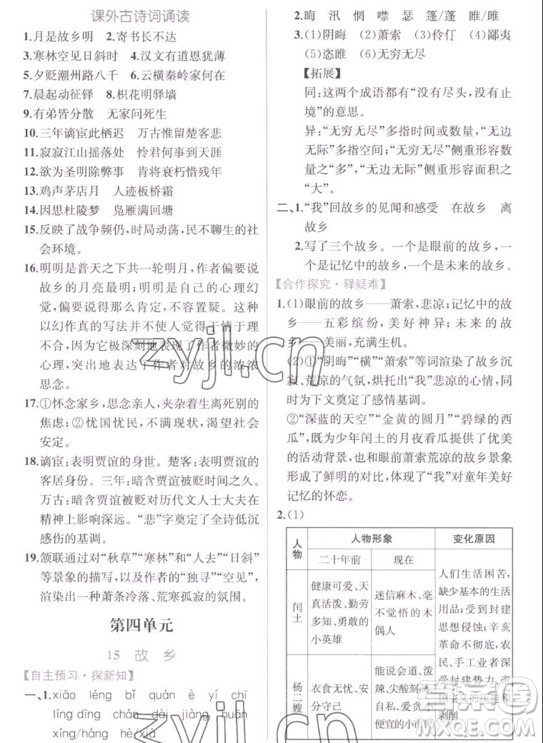 人民教育出版社2022秋同步學(xué)歷案課時(shí)練語文九年級(jí)上冊(cè)人教版答案