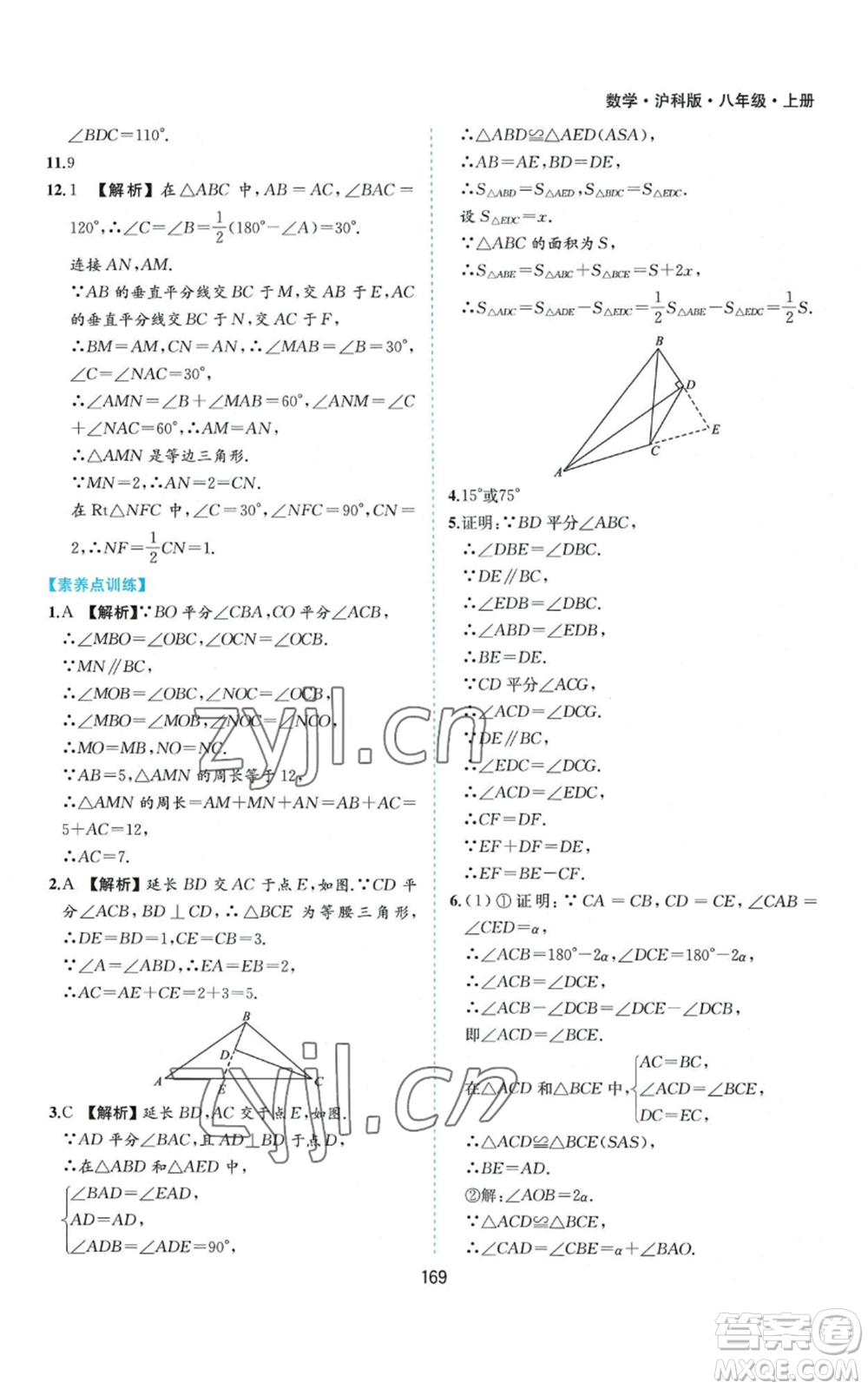 黃山書社2022新編基礎(chǔ)訓(xùn)練八年級上冊數(shù)學(xué)滬科版參考答案