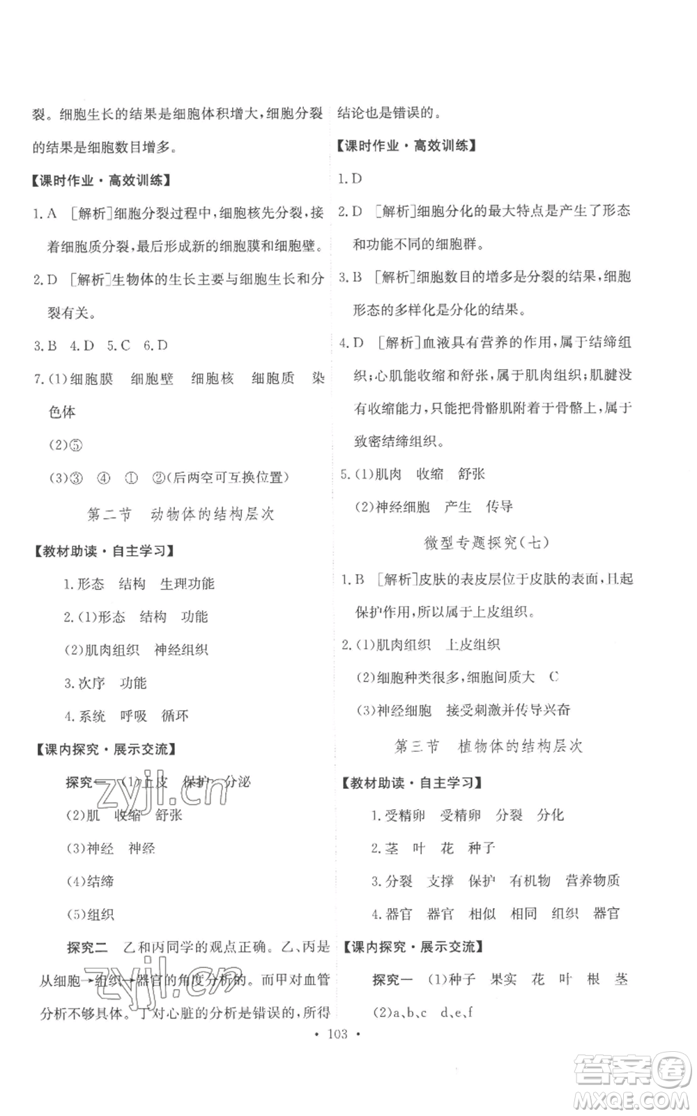 人民教育出版社2022能力培養(yǎng)與測試七年級上冊生物學人教版參考答案