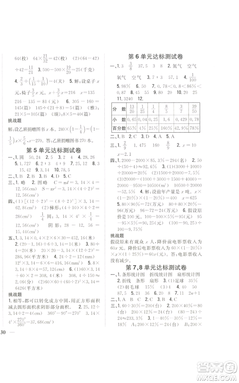 吉林人民出版社2022全科王同步課時練習(xí)六年級上冊數(shù)學(xué)人教版參考答案