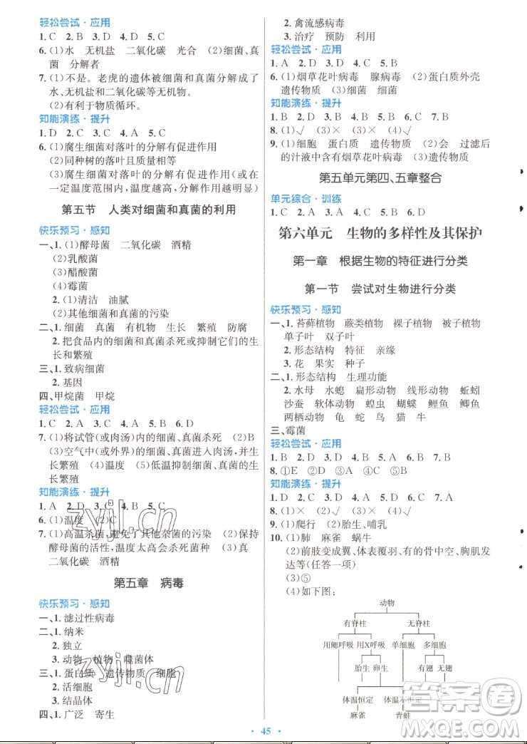 人民教育出版社2022秋初中同步測(cè)控優(yōu)化設(shè)計(jì)生物學(xué)八年級(jí)上冊(cè)福建專(zhuān)版答案