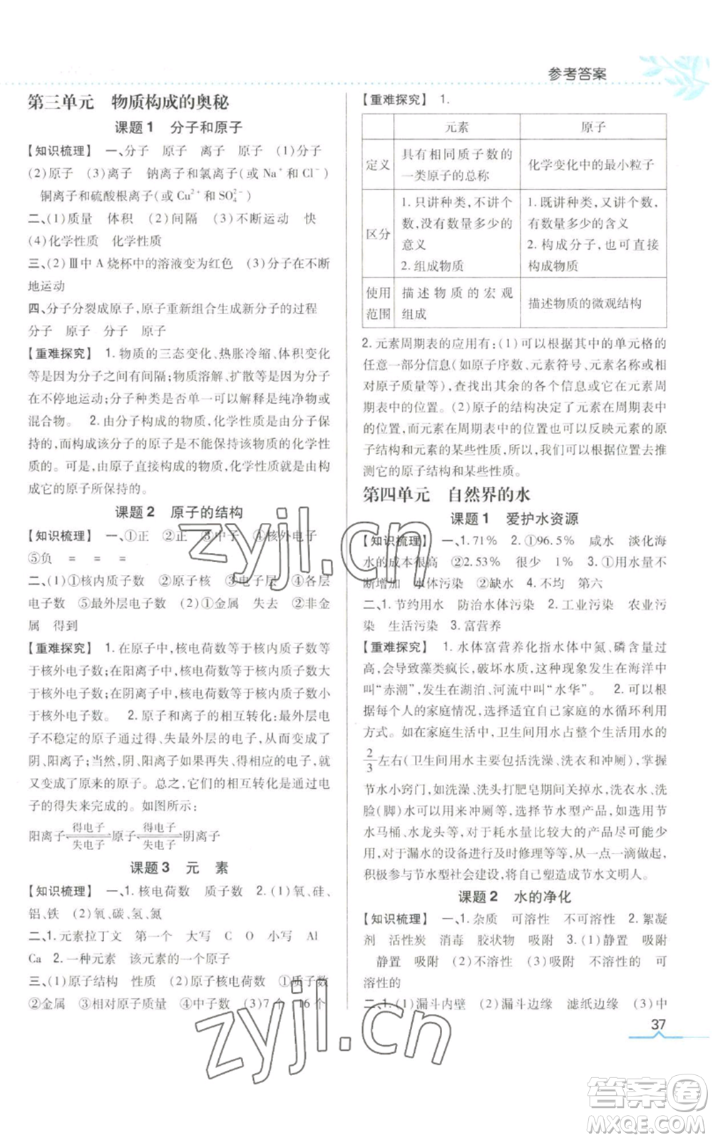 吉林人民出版社2022全科王同步課時(shí)練習(xí)九年級(jí)上冊(cè)化學(xué)人教版參考答案