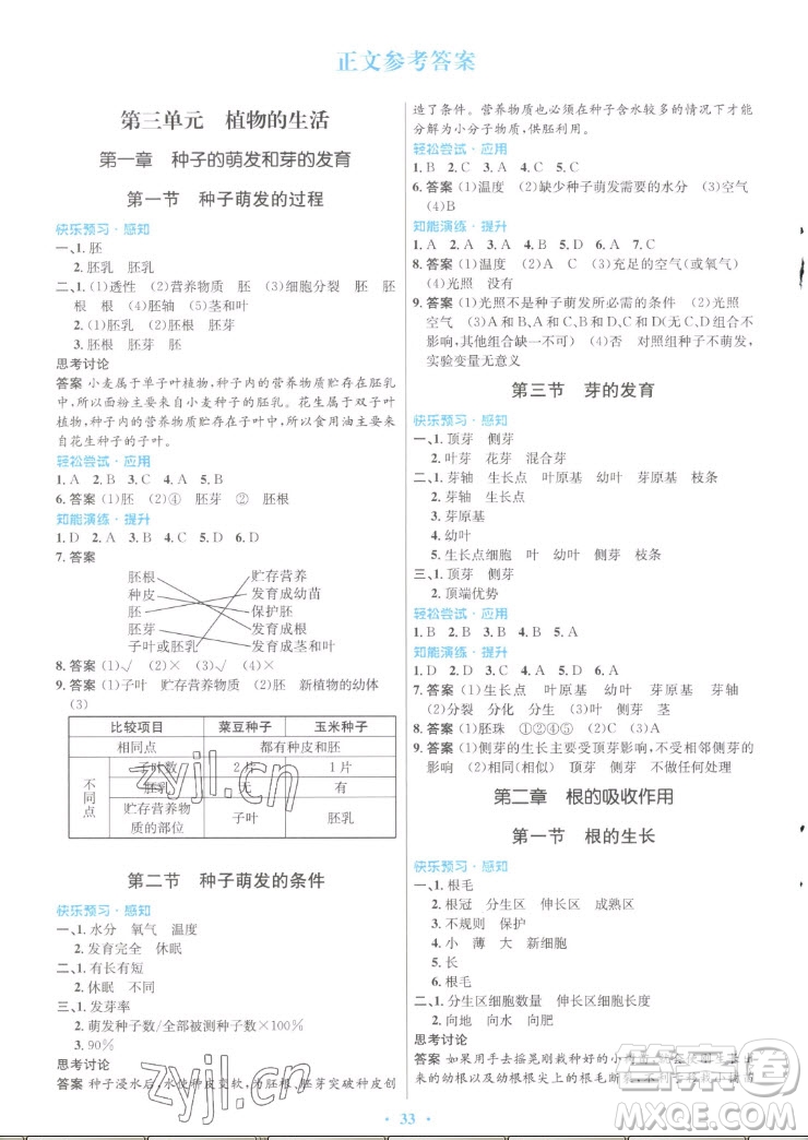 知識出版社2022秋初中同步測控優(yōu)化設(shè)計生物八年級上冊冀少版福建專版答案