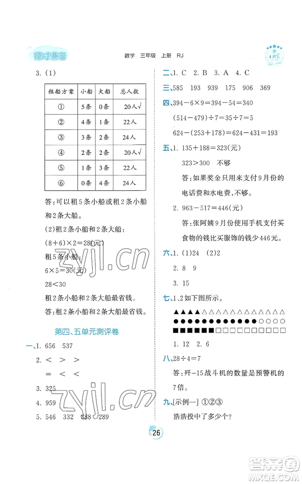 江西人民出版社2022王朝霞德才兼?zhèn)渥鳂I(yè)創(chuàng)新設(shè)計(jì)三年級(jí)上冊(cè)數(shù)學(xué)人教版參考答案