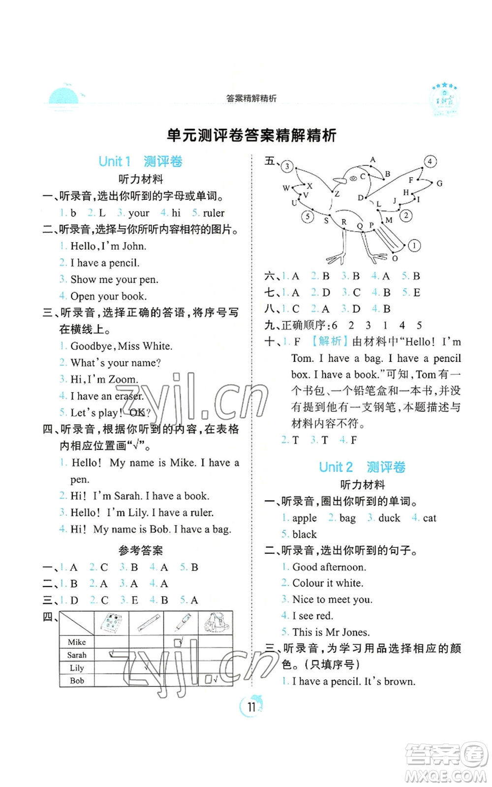 江西人民出版社2022王朝霞德才兼?zhèn)渥鳂I(yè)創(chuàng)新設(shè)計(jì)三年級上冊英語人教版參考答案