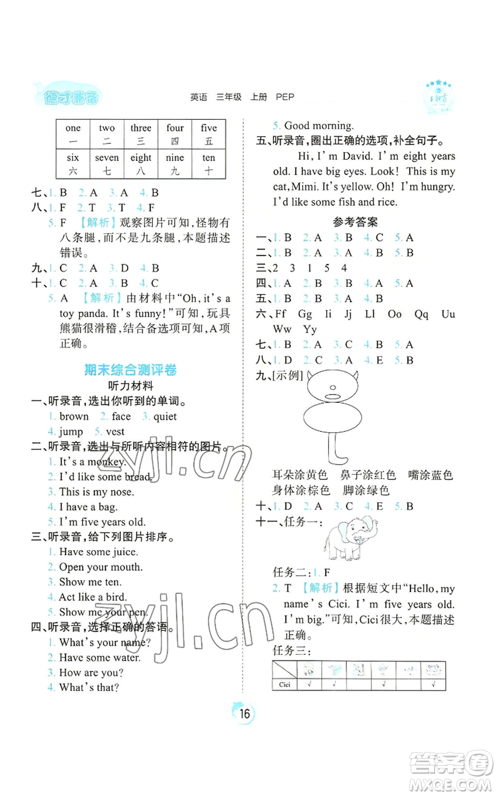 江西人民出版社2022王朝霞德才兼?zhèn)渥鳂I(yè)創(chuàng)新設(shè)計(jì)三年級上冊英語人教版參考答案