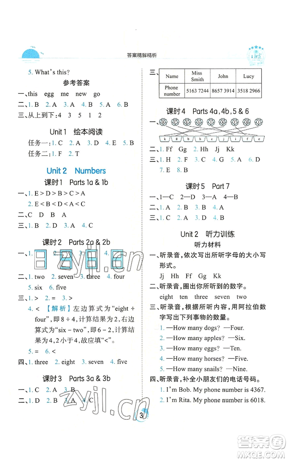 江西人民出版社2022王朝霞德才兼?zhèn)渥鳂I(yè)創(chuàng)新設計三年級上冊英語劍橋版參考答案