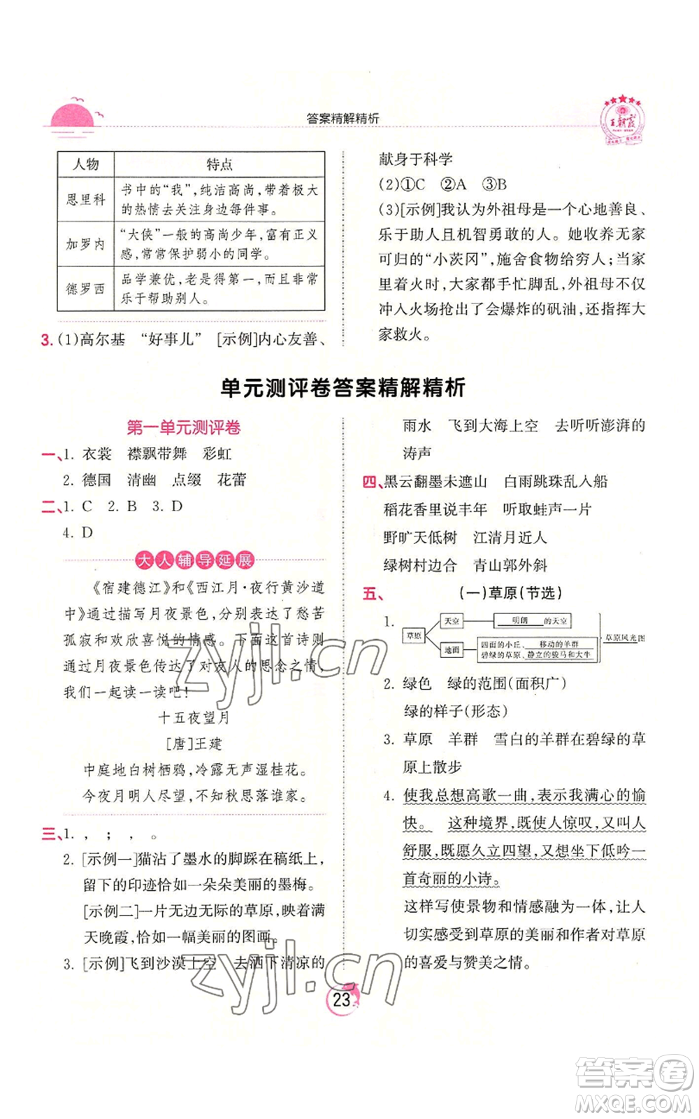 江西人民出版社2022王朝霞德才兼?zhèn)渥鳂I(yè)創(chuàng)新設計六年級上冊語文人教版參考答案