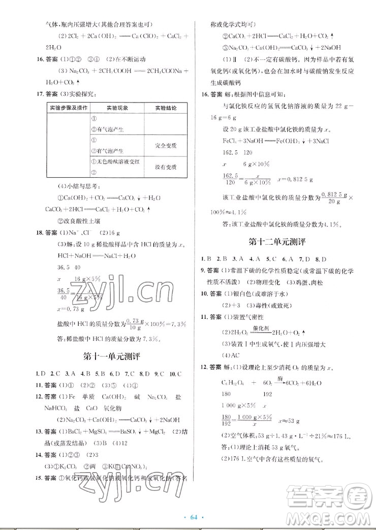 人民教育出版社2022秋初中同步測(cè)控優(yōu)化設(shè)計(jì)化學(xué)九年級(jí)全一冊(cè)福建專版答案