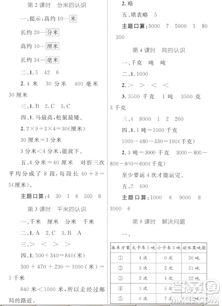 內蒙古教育出版社2022小學同步學習目標與檢測數學三年級上冊人教版答案