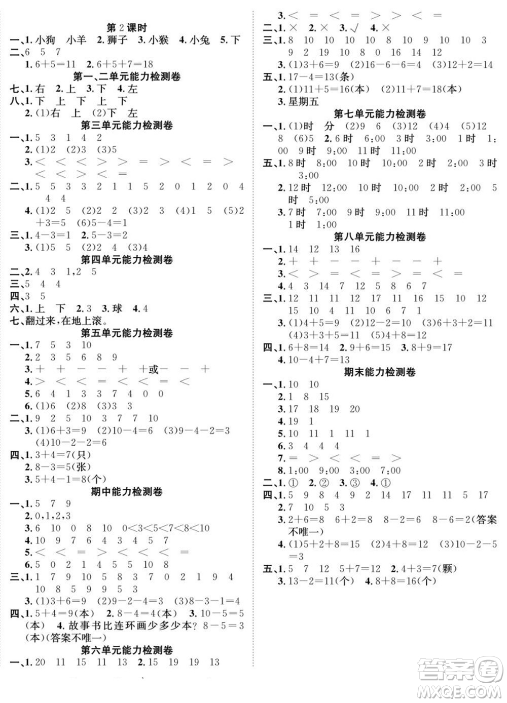 合肥工業(yè)大學(xué)出版社2022快樂(lè)學(xué)習(xí)隨堂練數(shù)學(xué)一年級(jí)上冊(cè)RJ人教版答案