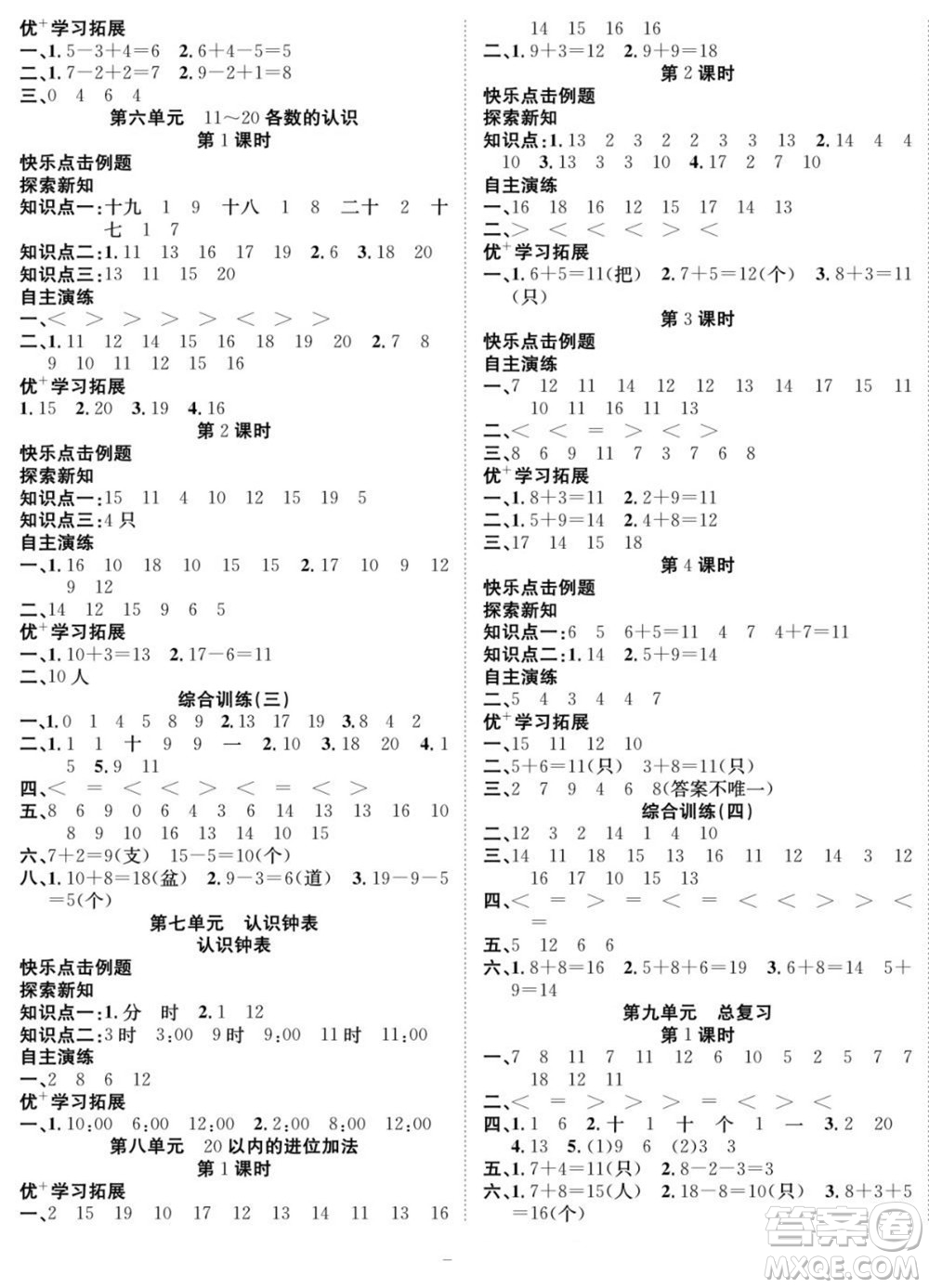 合肥工業(yè)大學(xué)出版社2022快樂(lè)學(xué)習(xí)隨堂練數(shù)學(xué)一年級(jí)上冊(cè)RJ人教版答案