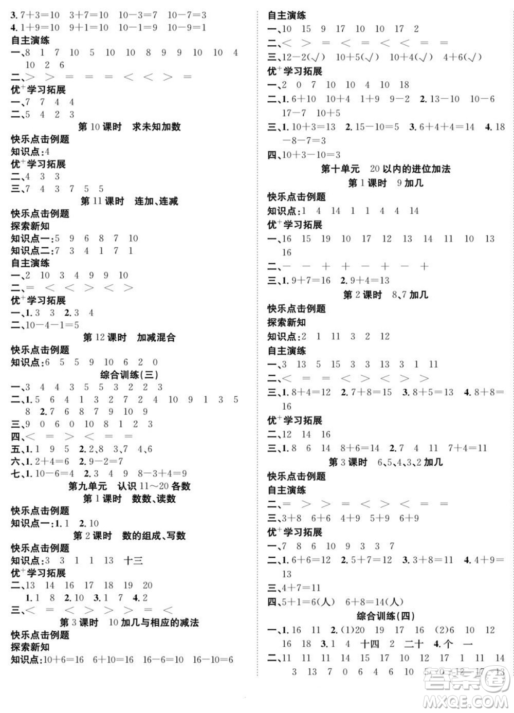 合肥工業(yè)大學(xué)出版社2022快樂(lè)學(xué)習(xí)隨堂練數(shù)學(xué)一年級(jí)上冊(cè)SJ蘇教版答案