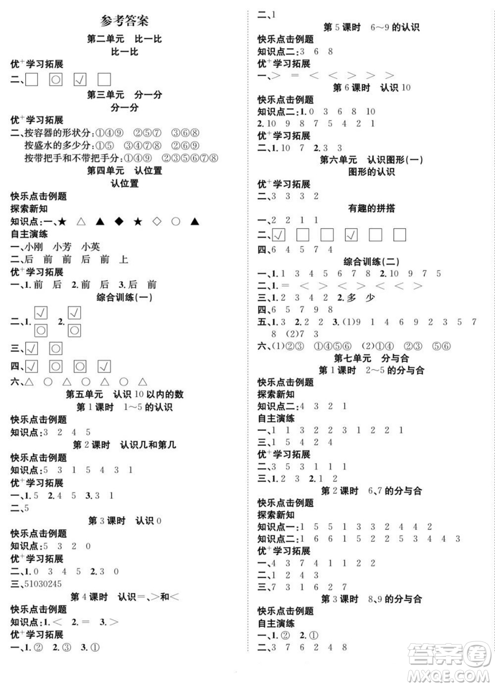 合肥工業(yè)大學(xué)出版社2022快樂(lè)學(xué)習(xí)隨堂練數(shù)學(xué)一年級(jí)上冊(cè)SJ蘇教版答案
