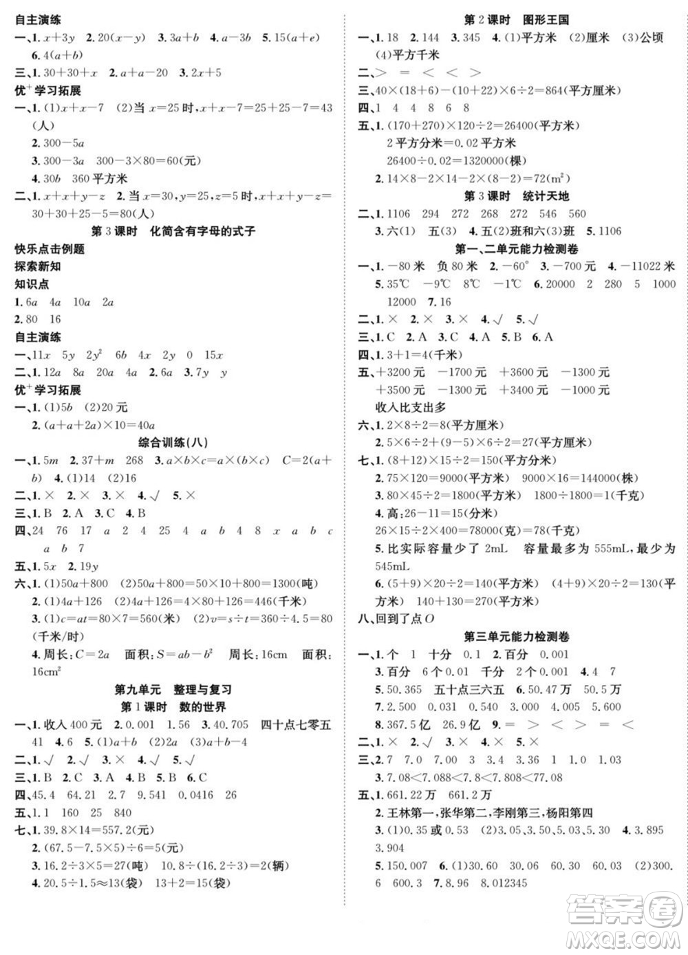合肥工業(yè)大學(xué)出版社2022快樂學(xué)習(xí)隨堂練數(shù)學(xué)五年級上冊SJ蘇教版答案