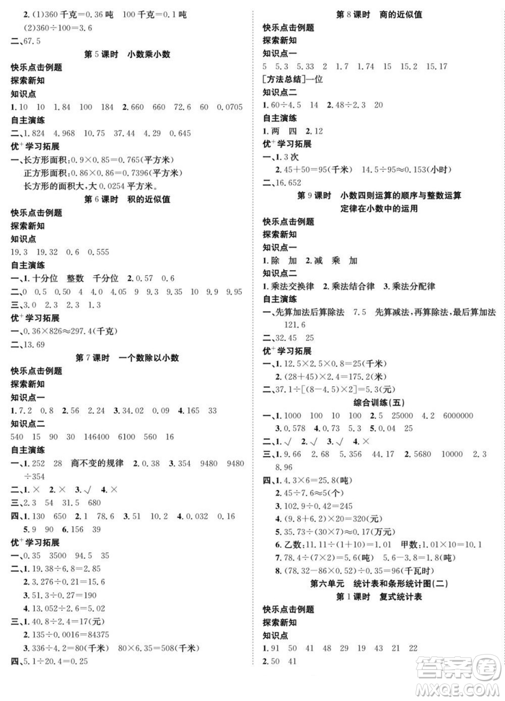 合肥工業(yè)大學(xué)出版社2022快樂學(xué)習(xí)隨堂練數(shù)學(xué)五年級上冊SJ蘇教版答案