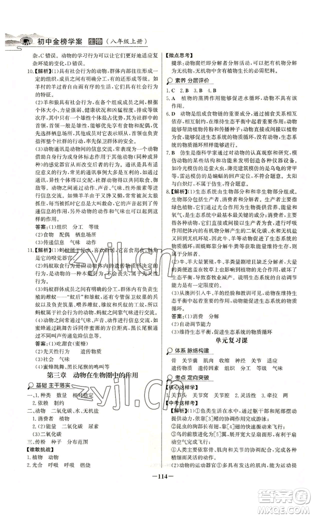 未來出版社2022世紀金榜金榜學(xué)案八年級上冊生物人教版河南專版參考答案